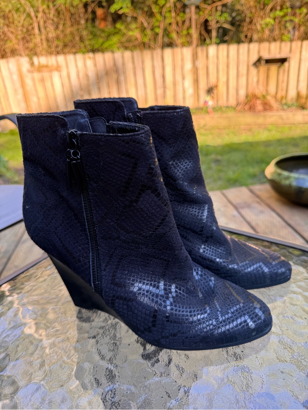 Fergie Black Snake-Embossed Wedge Booties